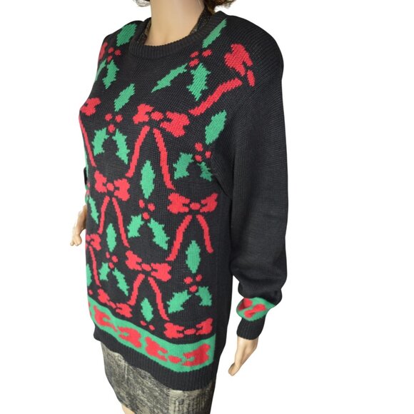 Vintage 90s Peddler Street Red Bow Holiday Crew Neck Sweater Women Size M Winter - Picture 3 of 10